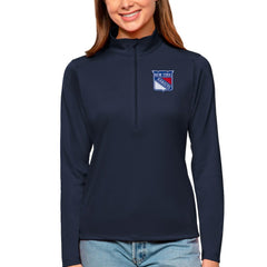 New York Rangers Antigua Women's Tribute Quarter-Zip Pullover Top Navy