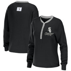 Chicago White Sox WEAR by Erin Andrews Women's Waffle Henley Long Sleeve T-Shirt - Black
