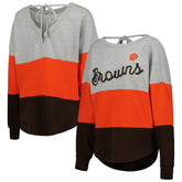 Cleveland Browns Touch Women's Outfield Deep V-Back Waist Length Pullover Sweatshirt - Heather Gray/Brown discount
