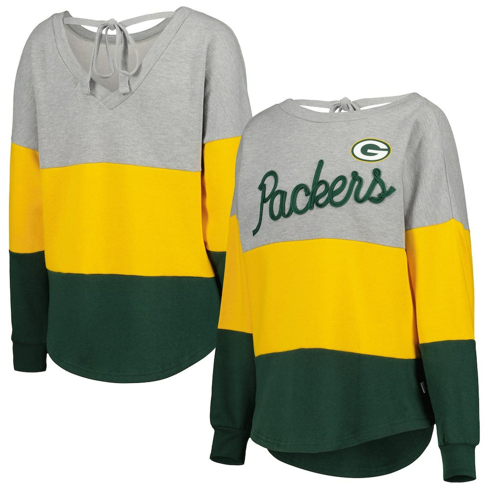 Green Bay Packers Touch Women's Outfield Deep V-Back Waist Length Pullover Sweatshirt - Heather Gray/Green discount