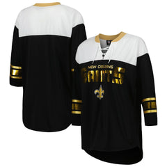 New Orleans Saints G-III 4Her by Carl Banks Women's Double Team 3/4-Sleeve Lace-Up T-Shirt - Black/White sale