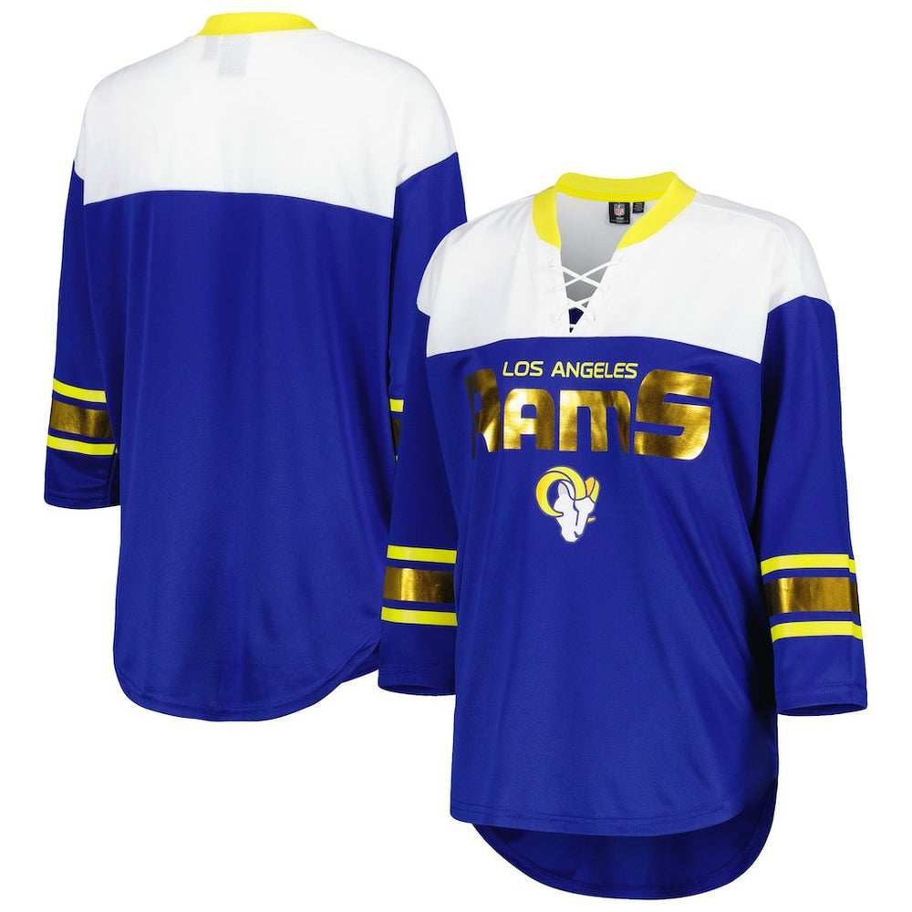 Los Angeles Rams G-III 4Her by Carl Banks Women's Double Team 3/4-Sleeve Lace-Up T-Shirt - Royal/White discount