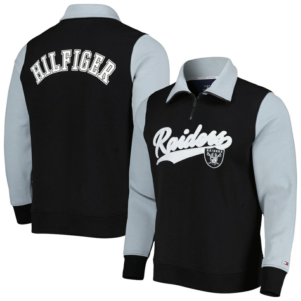 Las Vegas Raiders Tommy Hilfiger Aiden Quarter-Zip Sweatshirt - Black/Silver on sale