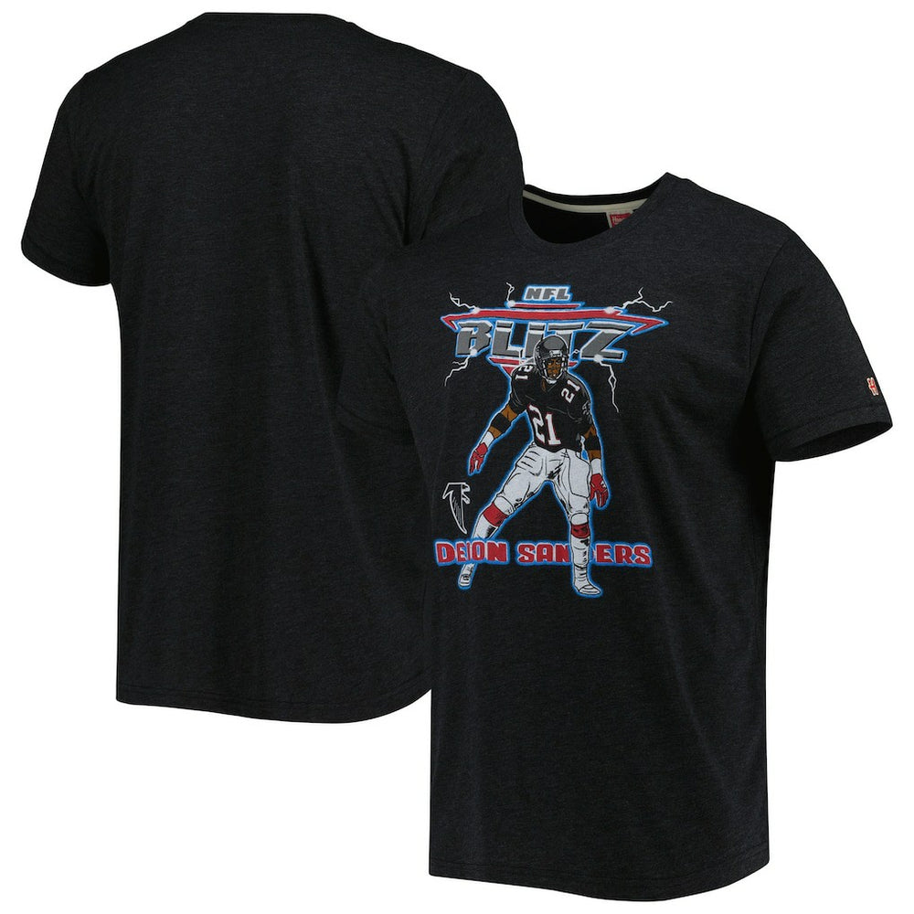 Deion Sanders Atlanta Falcons Homage Unisex NFL Blitz Retired Player Tri-Blend T-Shirt - Heathered Heather Black on sale