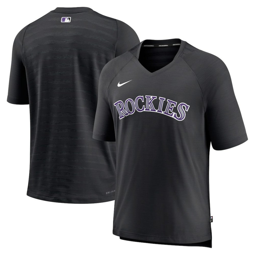 Colorado Rockies Authentic Collection Pregame Raglan Performance V-Neck T-Shirt - Black | Nike