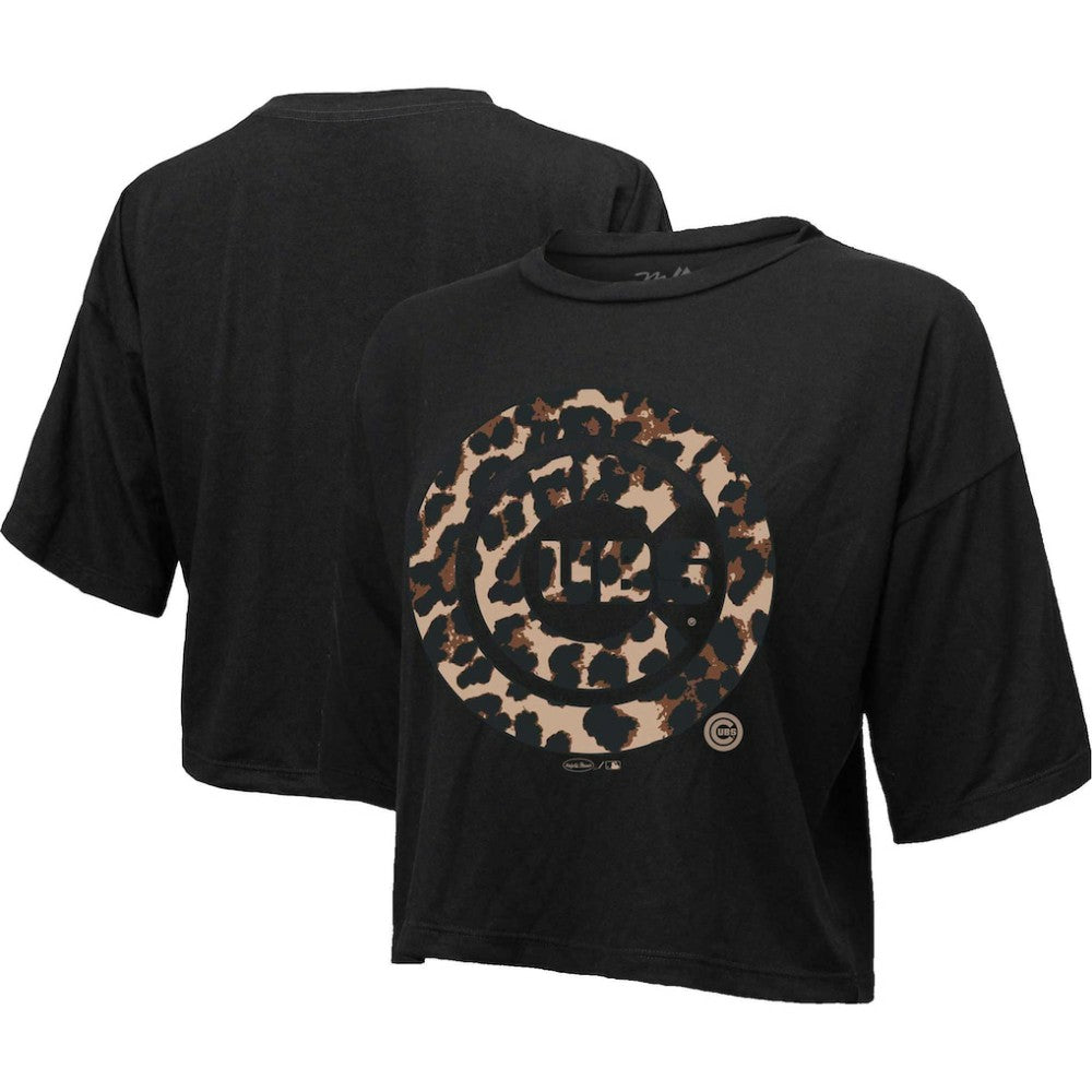 Chicago Cubs Majestic Threads Women's Leopard Cropped T-Shirt - Black