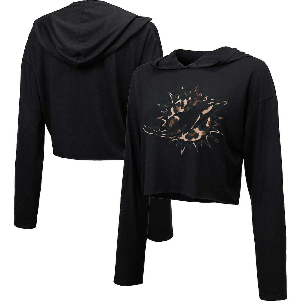 Miami Dolphins Majestic Threads Women's Leopard Cropped Pullover Hoodie - Black for sale