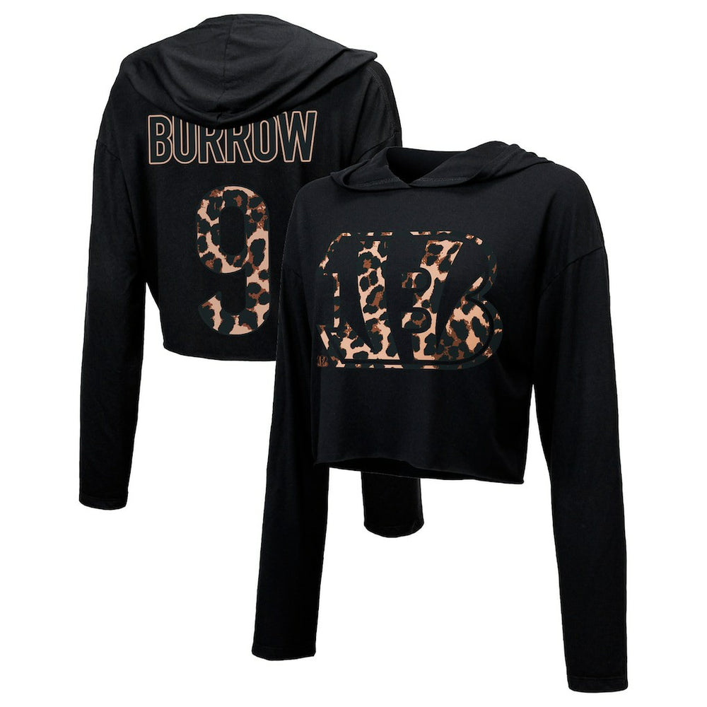 Joe Burrow Cincinnati Bengals Majestic Threads Women's Leopard Player Name & Number Long Sleeve Cropped Hoodie - Black for sale