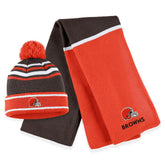 Cleveland Browns WEAR by Erin Andrews Women's Colorblock Cuffed Knit Hat with Pom and Scarf Set - Orange for sale