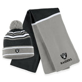 Las Vegas Raiders WEAR by Erin Andrews Women's Colorblock Cuffed Knit Hat with Pom and Scarf Set - Black for sale