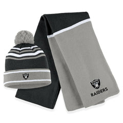 Las Vegas Raiders WEAR by Erin Andrews Women's Colorblock Cuffed Knit Hat with Pom and Scarf Set - Black for sale