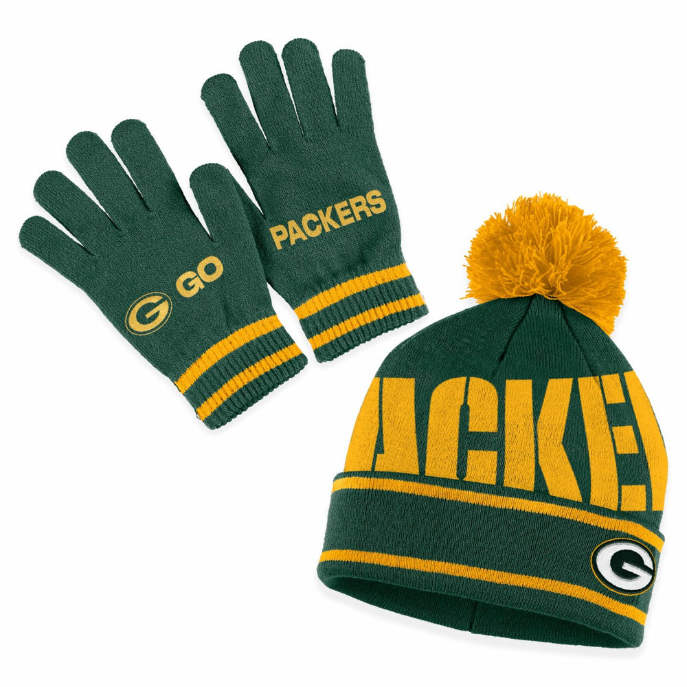 Green Bay Packers WEAR by Erin Andrews Women's Double Jacquard Cuffed Knit Hat with Pom and Gloves Set - Green cheap