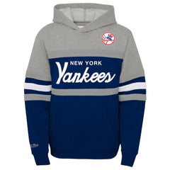 New York Yankees Youth Cooperstown Collection Head Coach Pullover Hoodie - Heather Gray/Navy | Mitchell & Ness