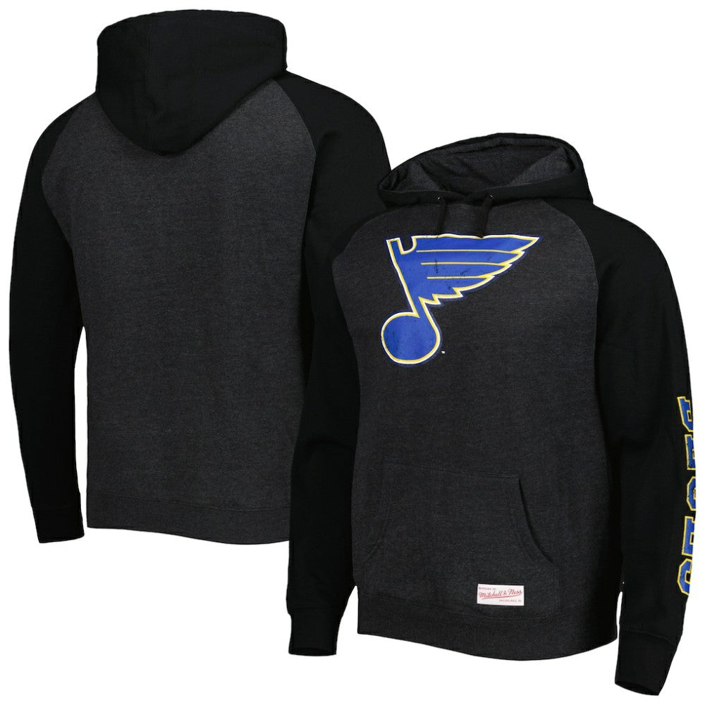 St. Louis Blues Mitchell & Ness Distressed Logo Raglan Pullover Hoodie Heather Black