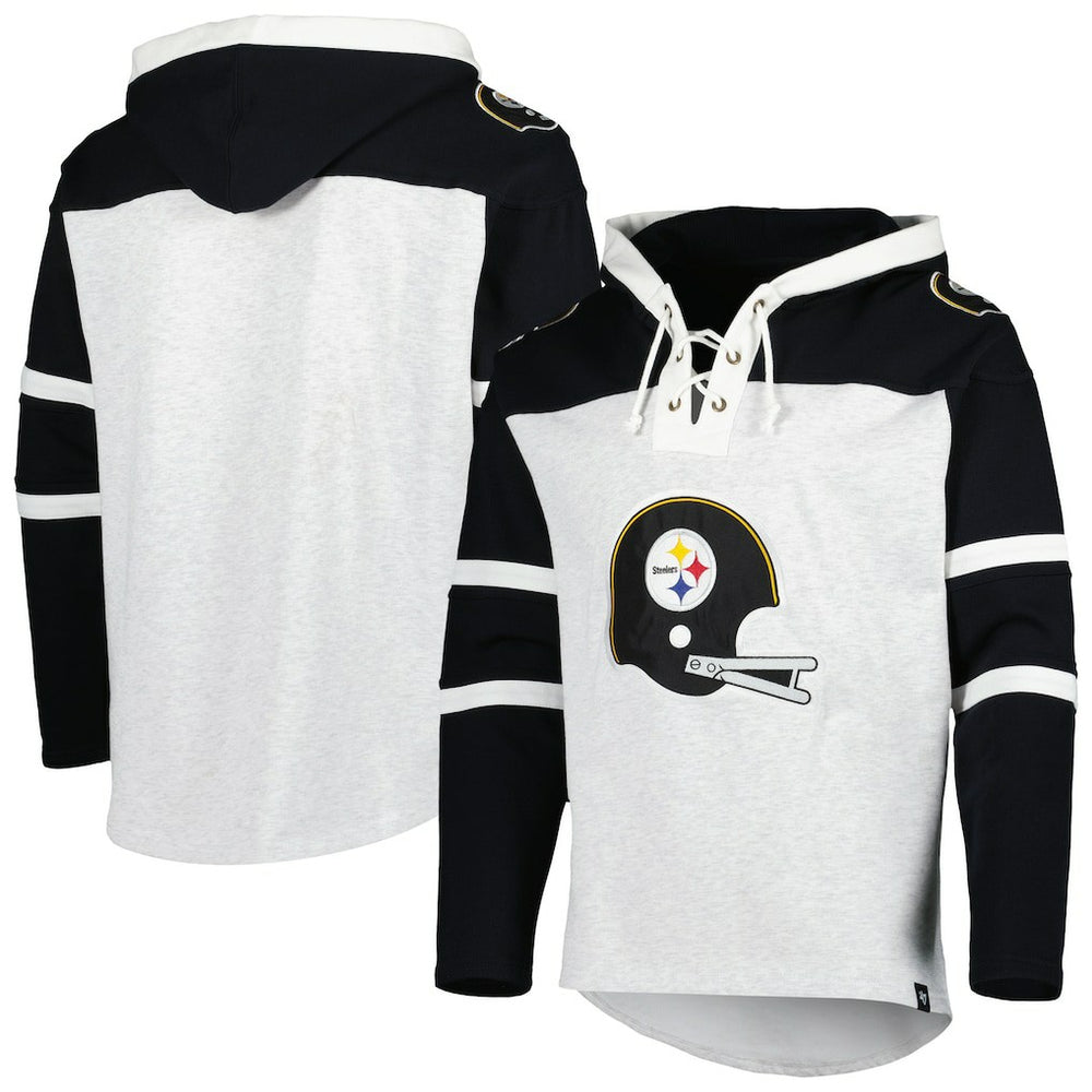 Pittsburgh Steelers '47 Historic Logo Gridiron Lace-Up Pullover Hoodie - Heather Gray on sale