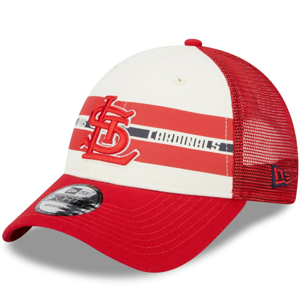St. Louis Cardinals Team Stripe Trucker 9FORTY Snapback Hat - White/Red | New Era