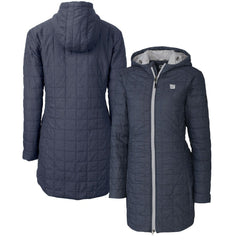 New York Giants Cutter & Buck Women's Rainier Primaloft Eco Hooded Long Lightweight Coat - Heather Navy on sale