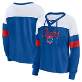Chicago Cubs Women's Even Match Lace-Up Long Sleeve V-Neck T-Shirt - Royal/White
