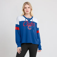 Chicago Cubs Women's Even Match Lace-Up Long Sleeve V-Neck T-Shirt - Royal/White