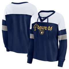 Milwaukee Brewers Women's Even Match Lace-Up Long Sleeve V-Neck T-Shirt - Navy/White