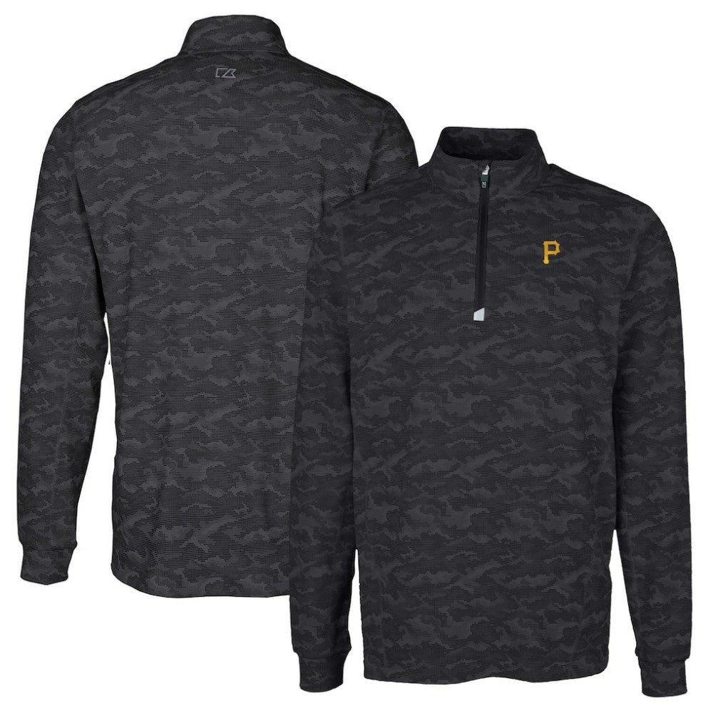 Pittsburgh Pirates Cutter & Buck Big & Tall Traverse Camo Print Stretch Quarter-Zip Pullover Top - Black