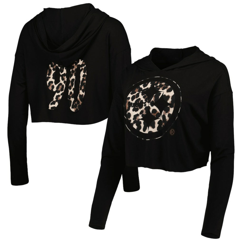 T.J. Watt Pittsburgh Steelers Majestic Threads Women's Leopard Player Name & Number Long Sleeve Cropped Hoodie - Black sale