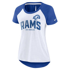 Los Angeles Rams Women's Back Slit Lightweight Fashion T-Shirt - White/Heather Scarlet | Nike on sale