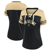 New Orleans Saints Women's Blitz & Glam Lace-Up V-Neck Jersey T-Shirt - Black/Vegas Gold outlet
