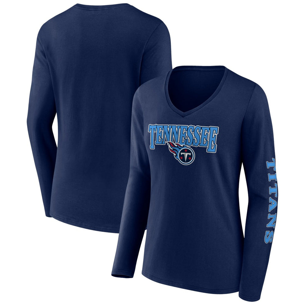 Tennessee Titans Women's Wordmark Long Sleeve V-Neck T-Shirt - Navy for sale