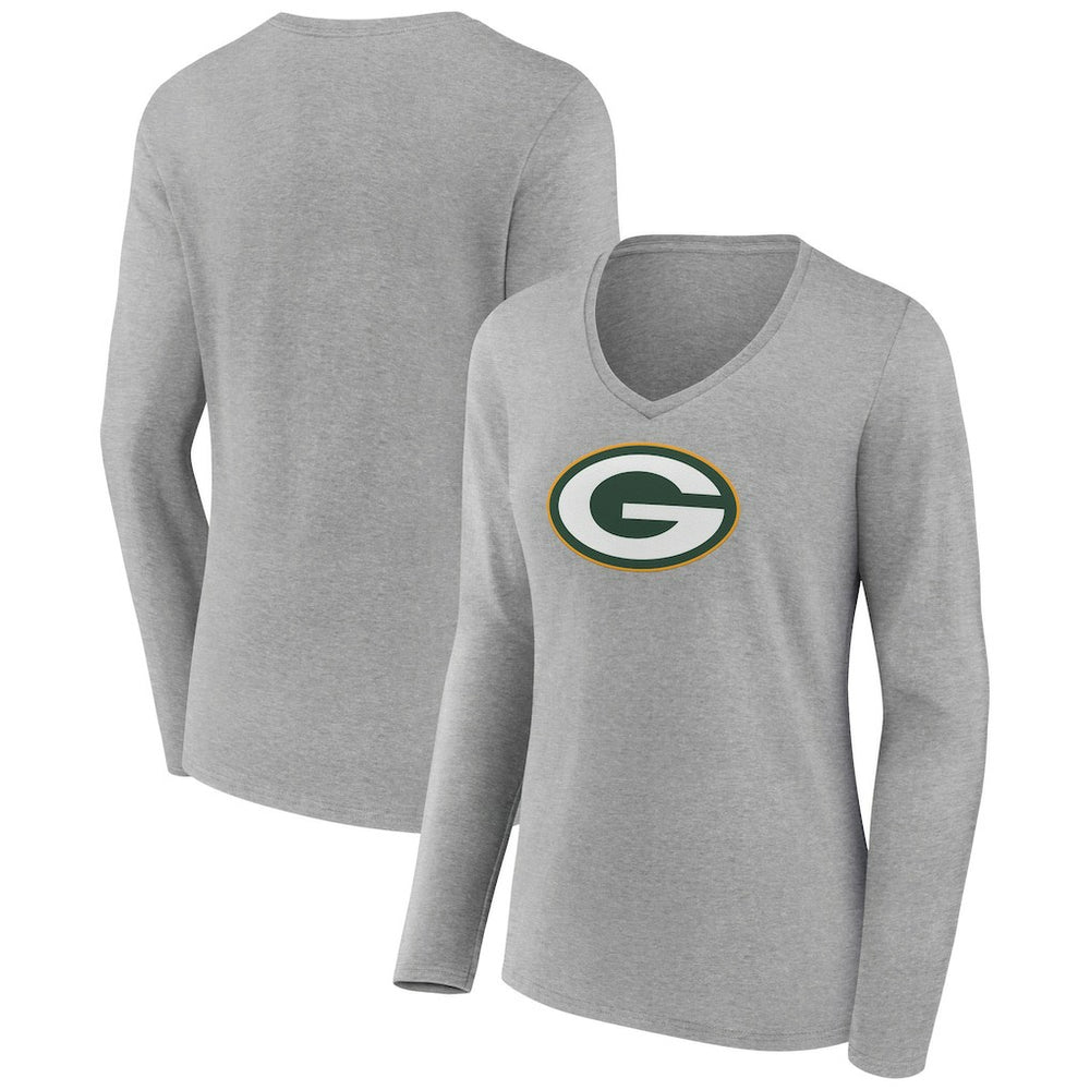 Green Bay Packers Women's Primary Team Logo Long Sleeve V-Neck T-Shirt - Heather Gray outlet