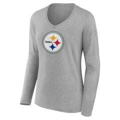 Pittsburgh Steelers Women's Primary Team Logo Long Sleeve V-Neck T-Shirt - Heather Gray for sale