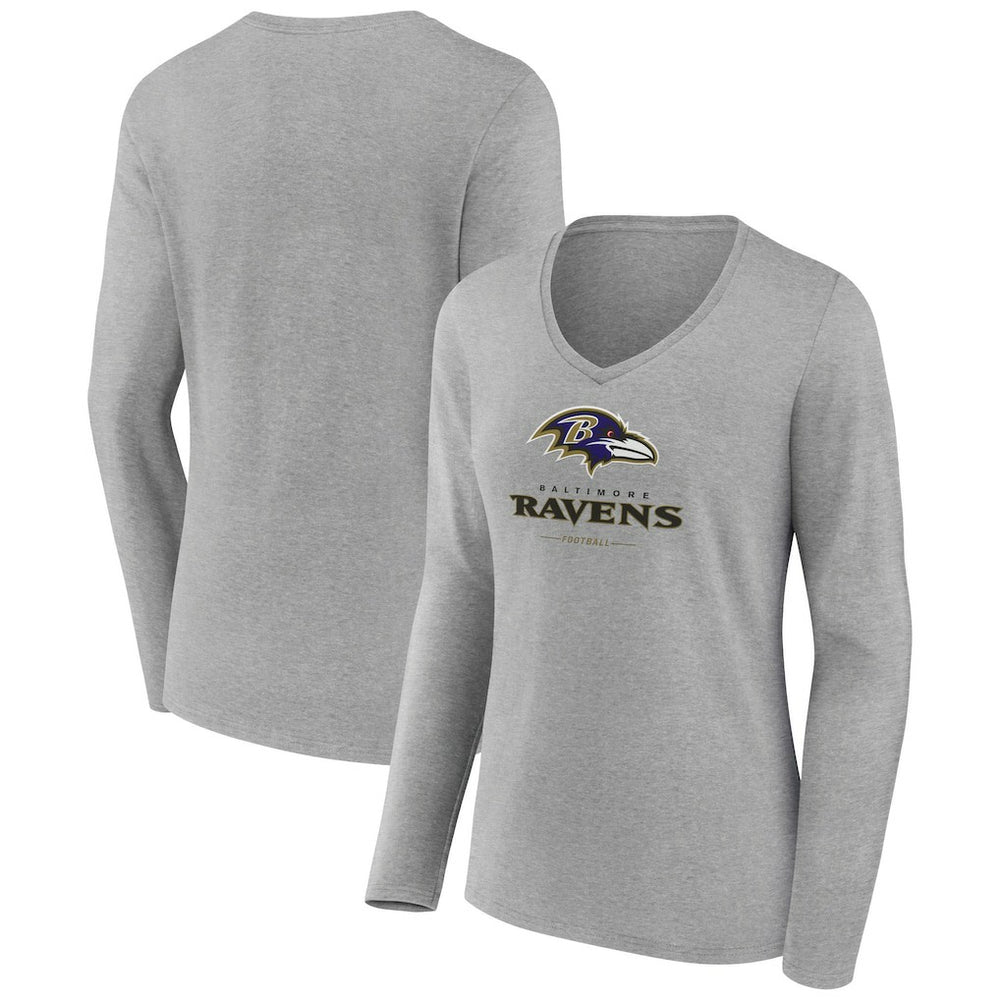 Baltimore Ravens Women's Logo Team Lockup Long Sleeve V-Neck T-Shirt - Heather Gray outlet