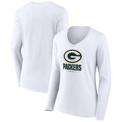 Green Bay Packers Women's Logo Team Lockup Long Sleeve V-Neck T-Shirt - White outlet