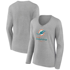 Miami Dolphins Women's Logo Team Lockup Long Sleeve V-Neck T-Shirt - Heather Gray discount