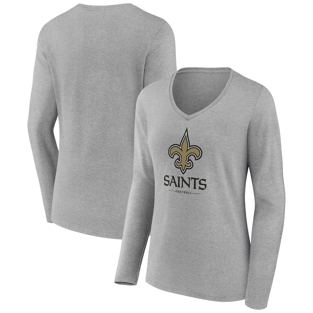New Orleans Saints Women's Logo Team Lockup Long Sleeve V-Neck T-Shirt - Heather Gray for sale
