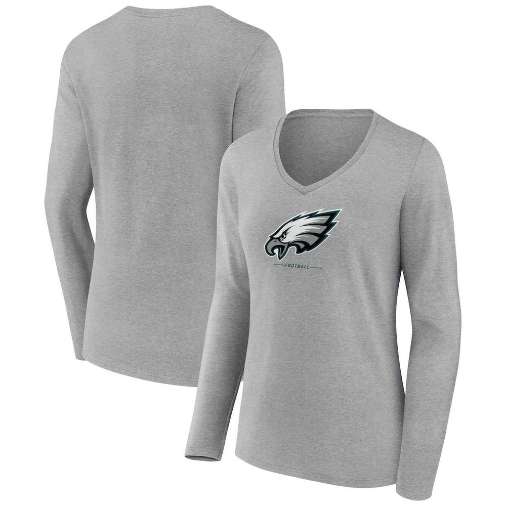 Philadelphia Eagles Women's Logo Team Lockup Long Sleeve V-Neck T-Shirt - Heather Gray for sale