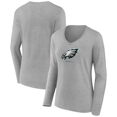 Philadelphia Eagles Women's Logo Team Lockup Long Sleeve V-Neck T-Shirt - Heather Gray for sale