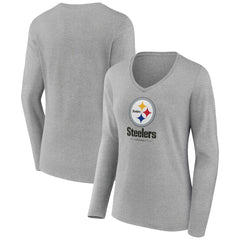 Pittsburgh Steelers Women's Logo Team Lockup Long Sleeve V-Neck T-Shirt - Heather Gray on sale