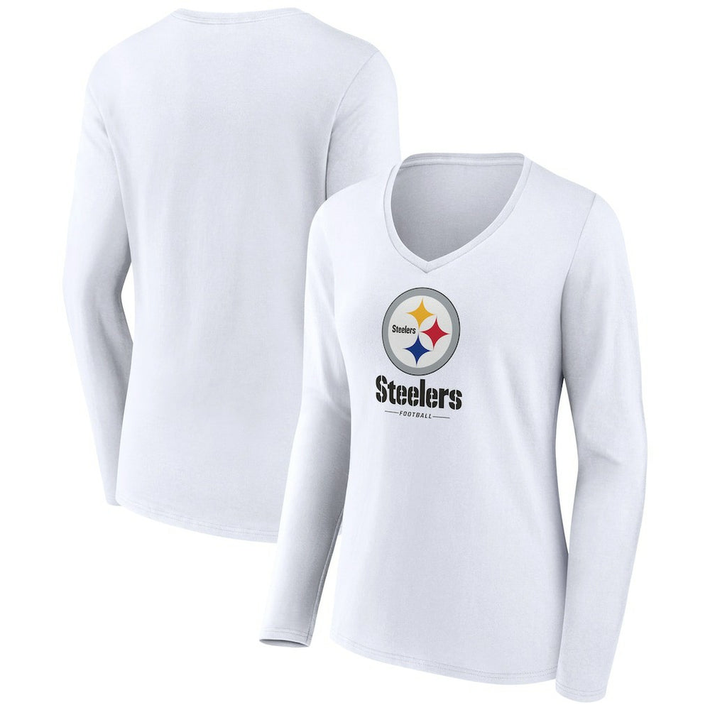 Pittsburgh Steelers Women's Logo Team Lockup Long Sleeve V-Neck T-Shirt - White cheap