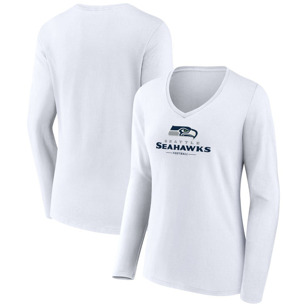 Seattle Seahawks Women's Logo Team Lockup Long Sleeve V-Neck T-Shirt - White cheap