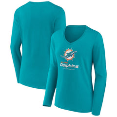 Miami Dolphins Women's Logo Team Lockup Long Sleeve V-Neck T-Shirt - Aqua outlet