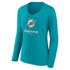 Miami Dolphins Women's Logo Team Lockup Long Sleeve V-Neck T-Shirt - Aqua outlet