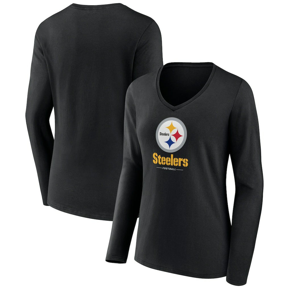 Pittsburgh Steelers Women's Logo Team Lockup Long Sleeve V-Neck T-Shirt - Black on sale