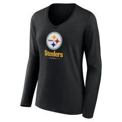 Pittsburgh Steelers Women's Logo Team Lockup Long Sleeve V-Neck T-Shirt - Black on sale