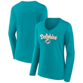 Miami Dolphins Women's Freehand Team Long Sleeve V-Neck T-Shirt - Aqua outlet
