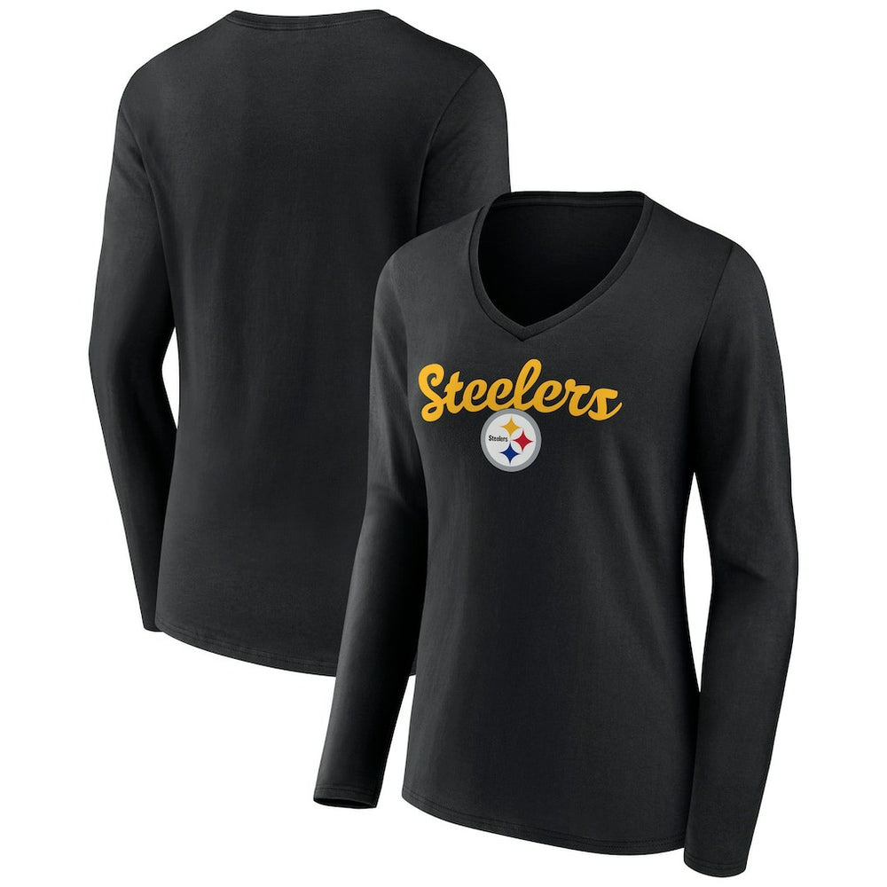 Pittsburgh Steelers Women's Freehand Team Long Sleeve V-Neck T-Shirt - Black outlet