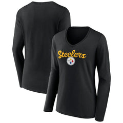 Pittsburgh Steelers Women's Freehand Team Long Sleeve V-Neck T-Shirt - Black outlet