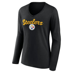 Pittsburgh Steelers Women's Freehand Team Long Sleeve V-Neck T-Shirt - Black outlet