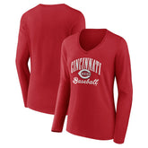 Cincinnati Reds Women's Victory Script Long Sleeve V-Neck T-Shirt - Red