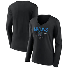 Miami Marlins Women's Live For It Long Sleeve Long Sleeve V-Neck T-Shirt - Black